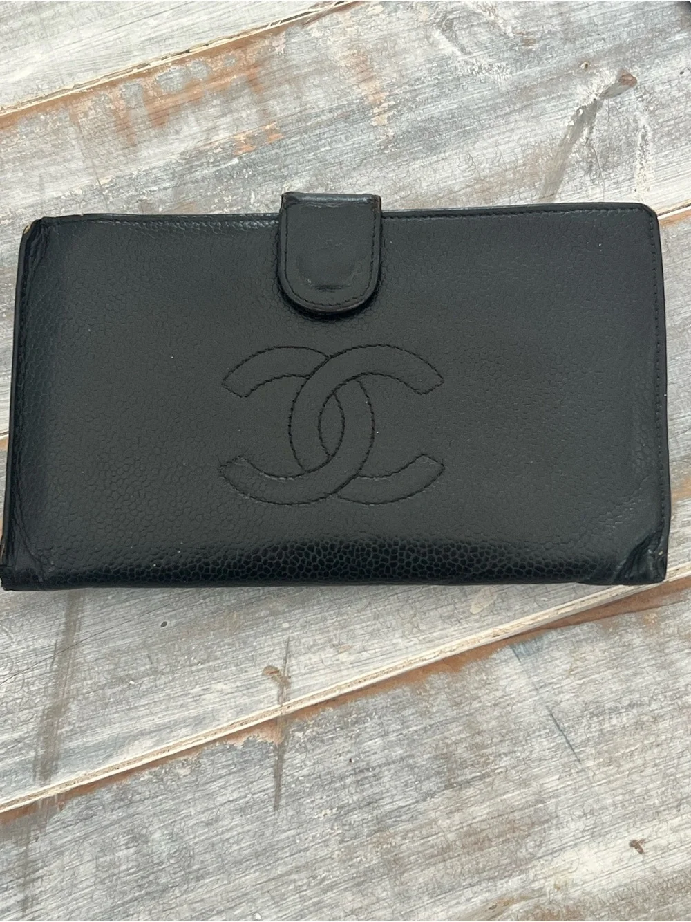 Vintage Chanel Black Caviar Leather Wallet CC Logo Bifold Wallet Made in France